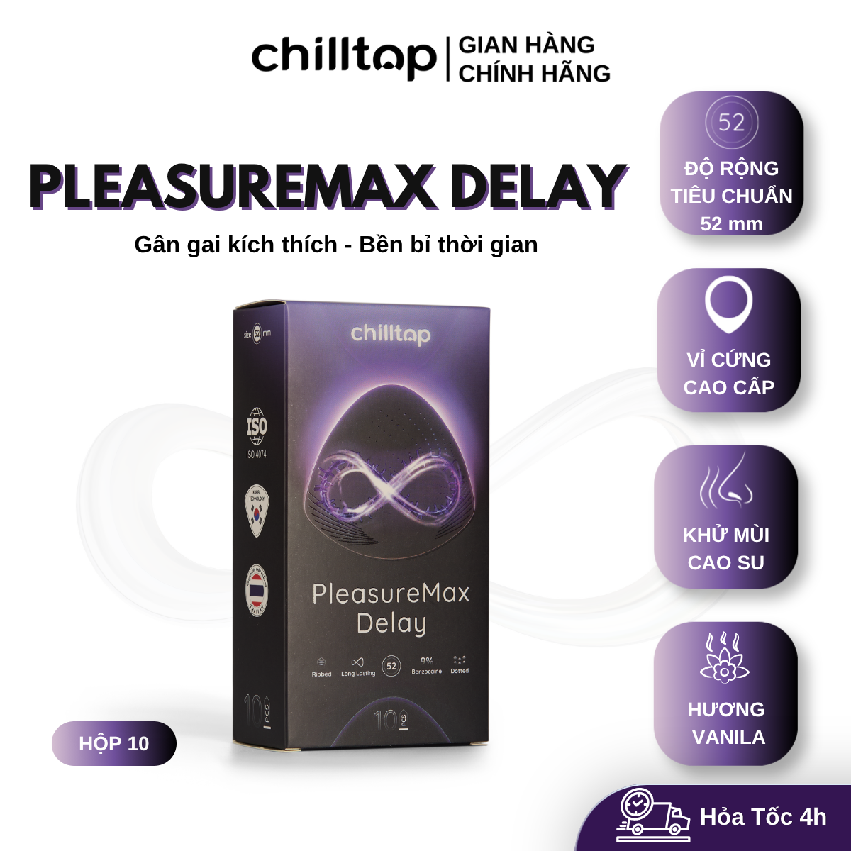 Bao cao su Chilltop PleasureMax Delay 4in1 Gân Gai, Kéo dài thời gian Hộp 10 Bao
