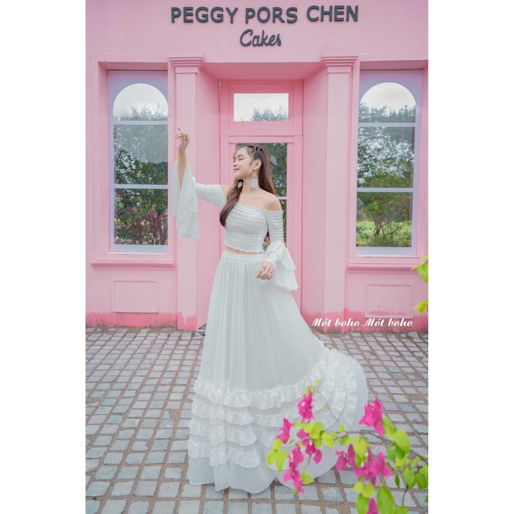 Áo voan trễ vai nhún ngực tay loe