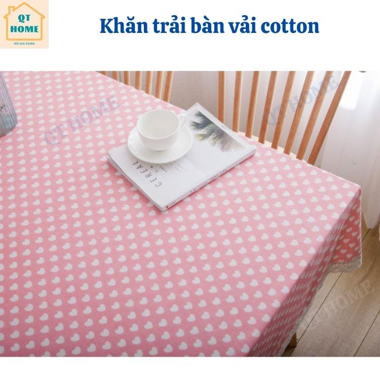Khăn Trải Bàn Vải Cotton Nền Hồng, Họa Tiết Trái Tim, Viền Ren