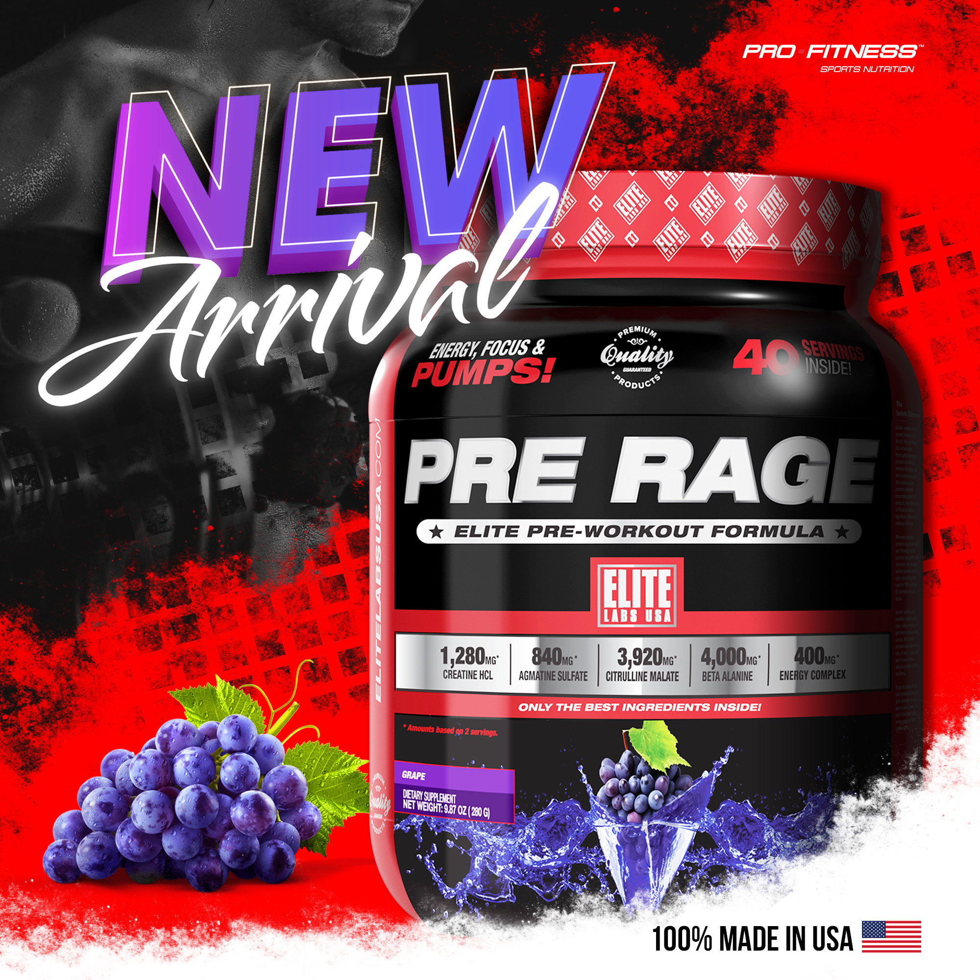 Thức uống Workout Pre Rage Elite Labs USA - Tăng sức mạnh bền bỉ cung cấp năng lượng luyện tập hiệu quả (40 serving) - Vị Nho