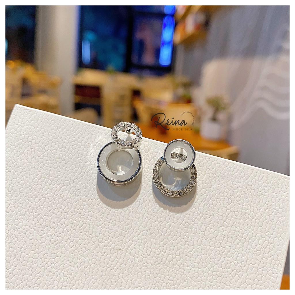 Khuyên tai nữ phong cách hàn quốc Zircon hình tròn bất đối xứng vàng ánh bạc Reina đính hạt cao cấp
