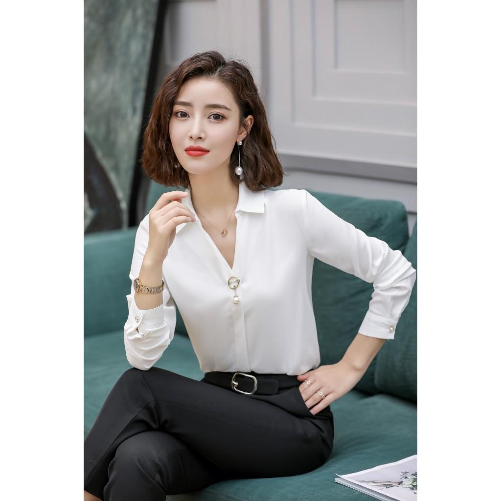 Áo kiểu công sở dài tay thanh lịch phong cách Hàn Quốc có tặng kèm khoen cà