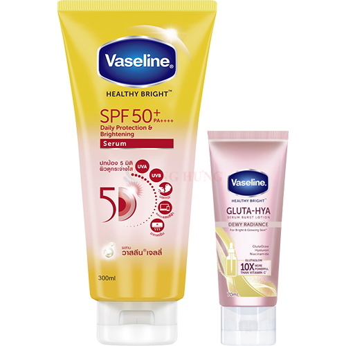 Combo Tinh chất chống nắng Vaseline Healthy Bright SPF 50+(300ml) + Vaseline Gluta-Hya Serum Burst Lotion Dewy Radiance (70ml) - Hàng chính hãng