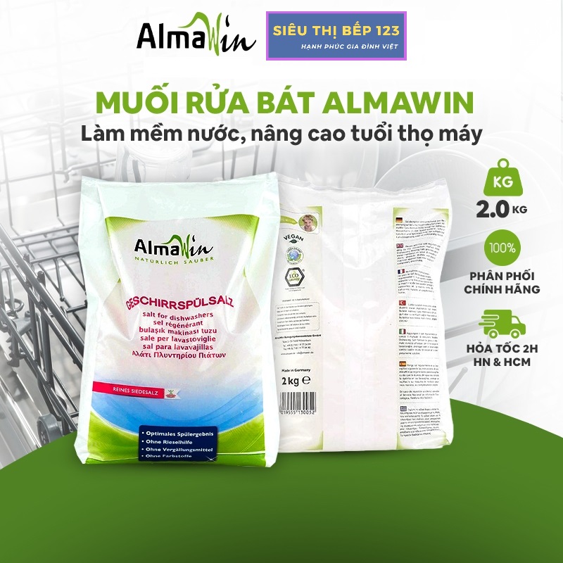 Muối Rửa Bát Almawin Hữu Cơ 2Kg - Giúp  làm mền nước, chống cặn canxi và bảo vệ máy rửa bát