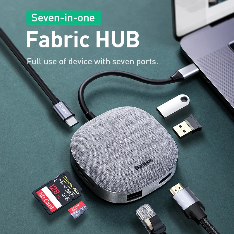 Hub chuyển đổi đa năng Baseus Fabric Series 7 in 1 Type-C Multifunctional HUB Adapter (2TB Data Reading, USB 3.0, Gigabit Network, 4k30hz, SD/TF, RJ45) - Hàng chính hãng