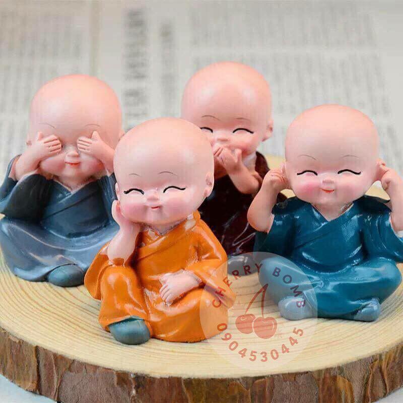 Bộ Tượng Chú Tiểu Hòa Thượng Tứ Không - Phật Phong Thủy Mini 4 Tư Thế, Trang Trí Xe Hơi, Để Bàn Làm Việc