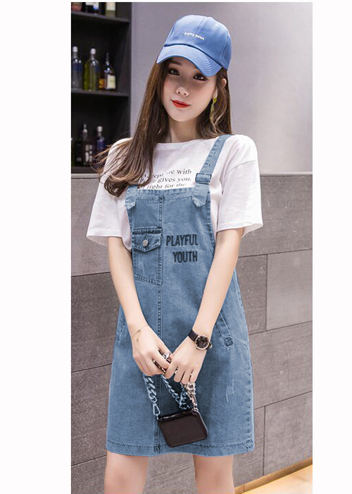 Đầm Yếm Jean Nữ Thêu Chữ Thời Trang