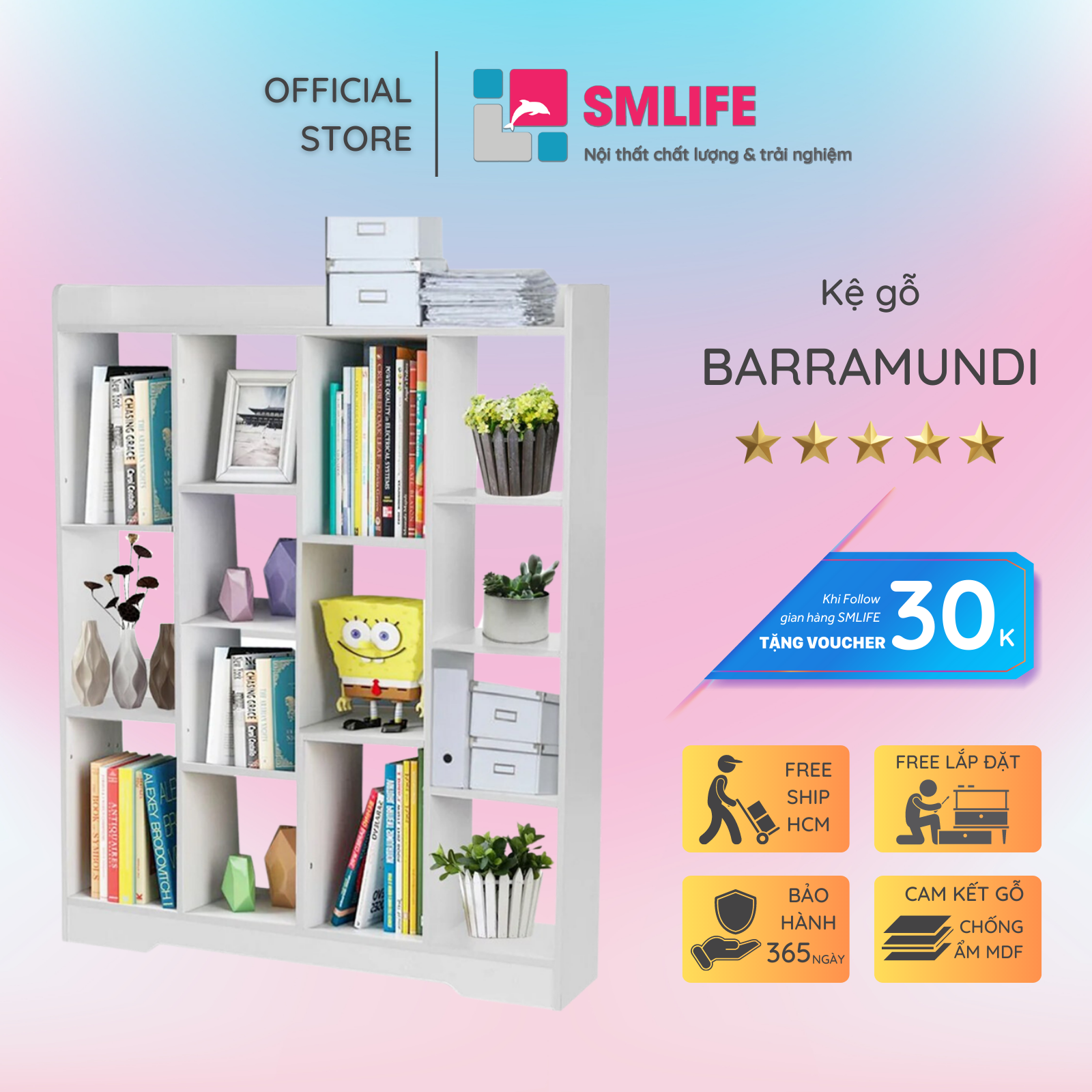 Kệ sách, kệ trang trí gỗ hiện đại SMLIFE Barramundi | Gỗ MDF dày 17mm chống ẩm | D90xR22xC120cm