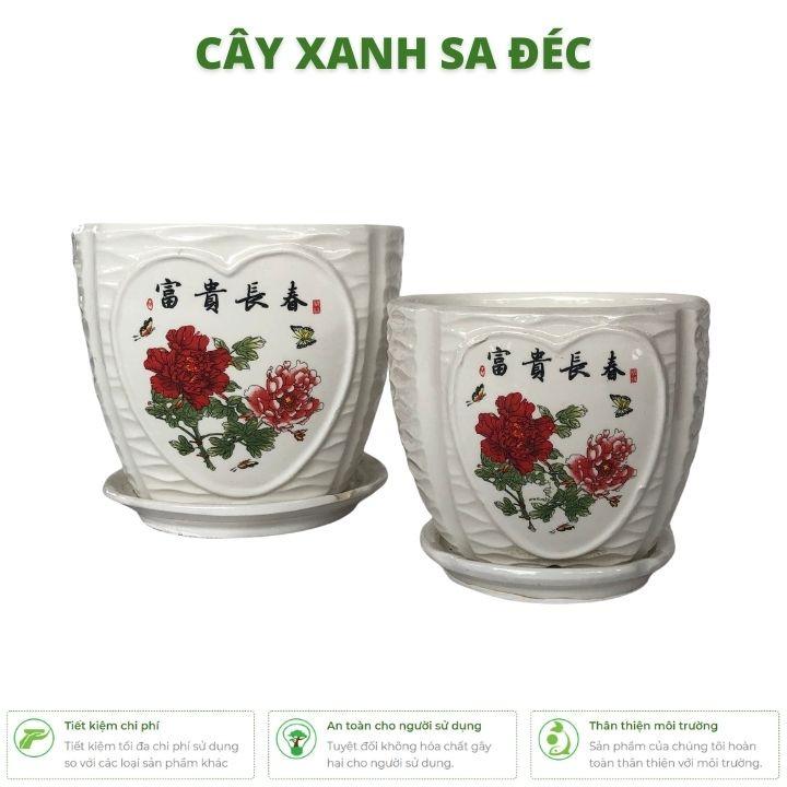 Bộ chậu men Trái Tim hình hoa hồng CK30 kèm dĩa size nhỏ và lớn trồng hoa, cây cảnh trang trí nhà cửa