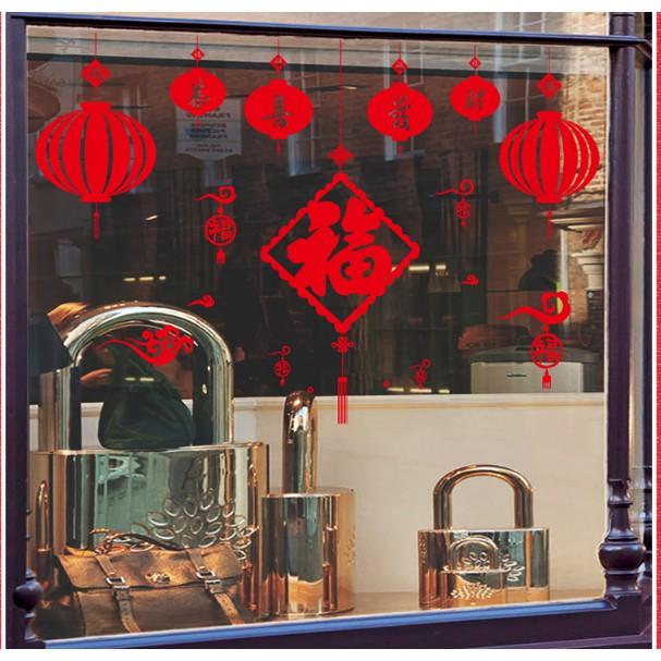 Decal trang trí tết - Bảng chữ lớn và lồng đèn đỏ nhí