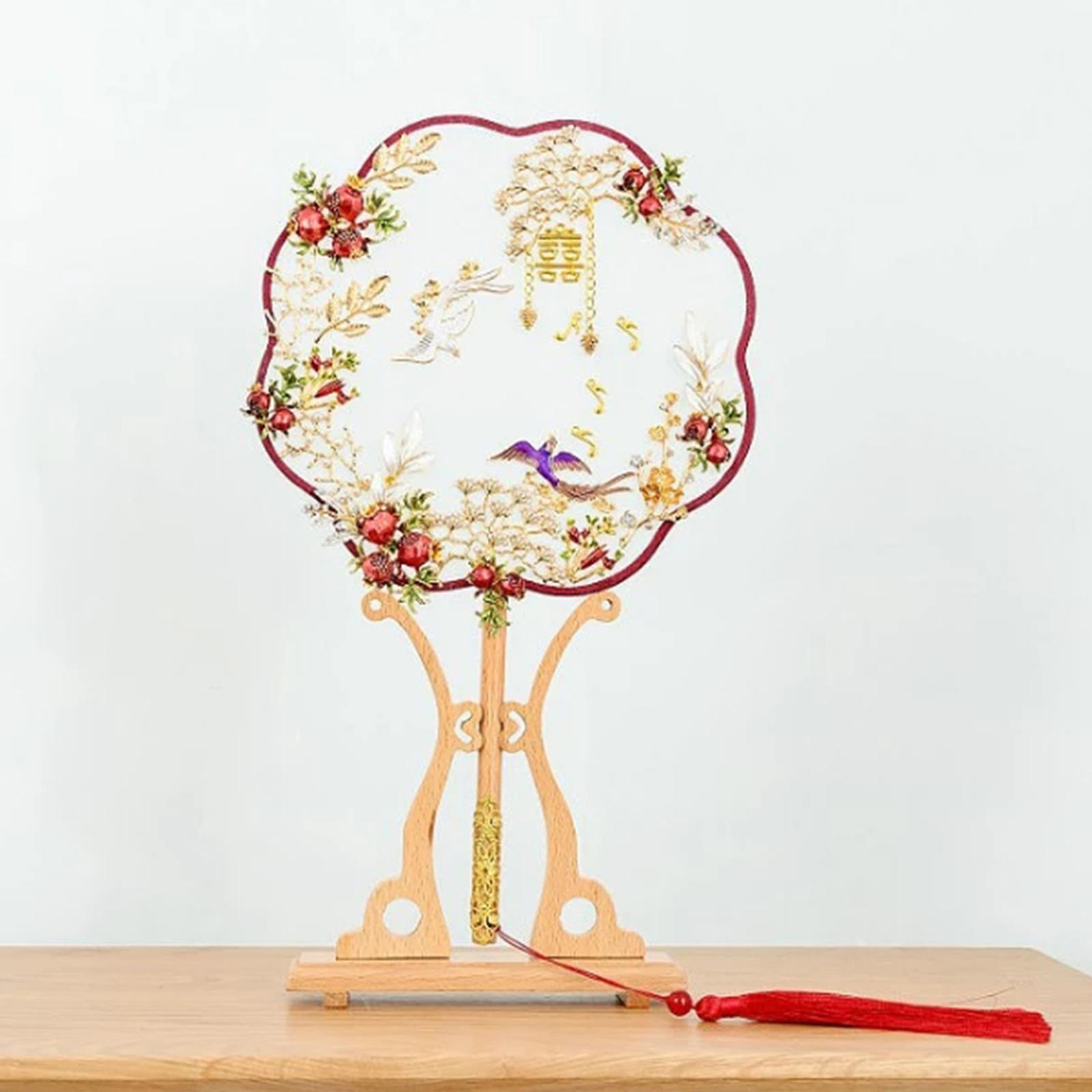 Bamboo Fans Palace Bracket Holder Display Stand for Retro Chinese Style Round Circular Hand Held Fan Holder for Home Desktop Decor