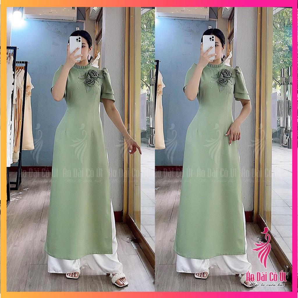 Áo Dài Truyền Thống Tay Cánh Tiên Cổ Xếp Ly Lụa Tây Thi Đính Hoa Hàng May Sẵn