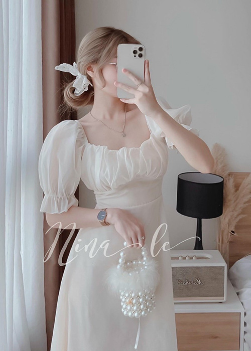 Đầm Voan Chinhfon Tay Phồng Xếp Ly Ngực Xinh Xắn