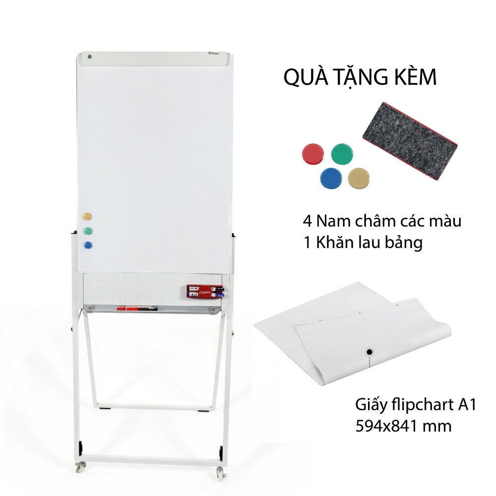 Bảng từ trắng Flipchart Upsidedown - kích thước 90x120cm - tặng kèm phụ kiện (khăn lau, nam châm, giấy flipchart A1)