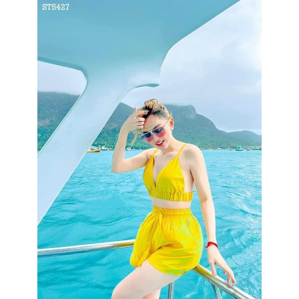 Set bộ 3 món croptop áo khoắc sơ mi phối quần đùi, màu sắc tươi xinh dạo phố, đi biển