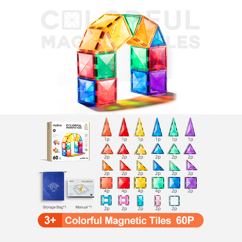 Đồ chơi Mideer xếp hình nam châm đa sắc cầu vồng 2 mẫu 60 - 100 chi tiết Colorful Magnetic Tiles