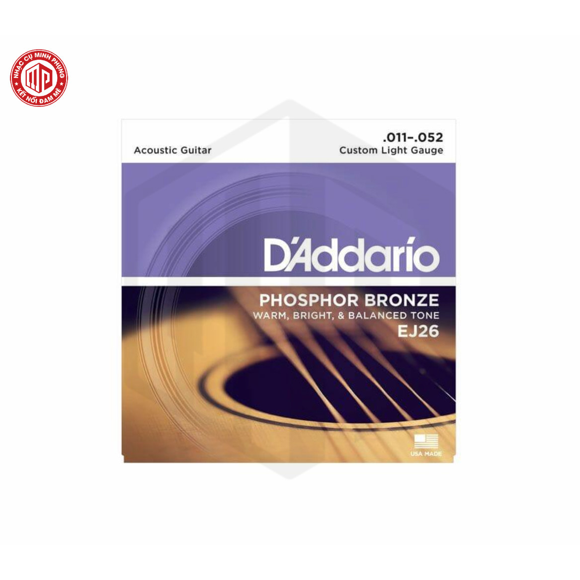 Bộ dây đàn Guitar Acoustic - D'Addario EJ26 - Phosphor Bronze, Custom Light Gauge .011-.052 (11-52) - Hàng chính hãng