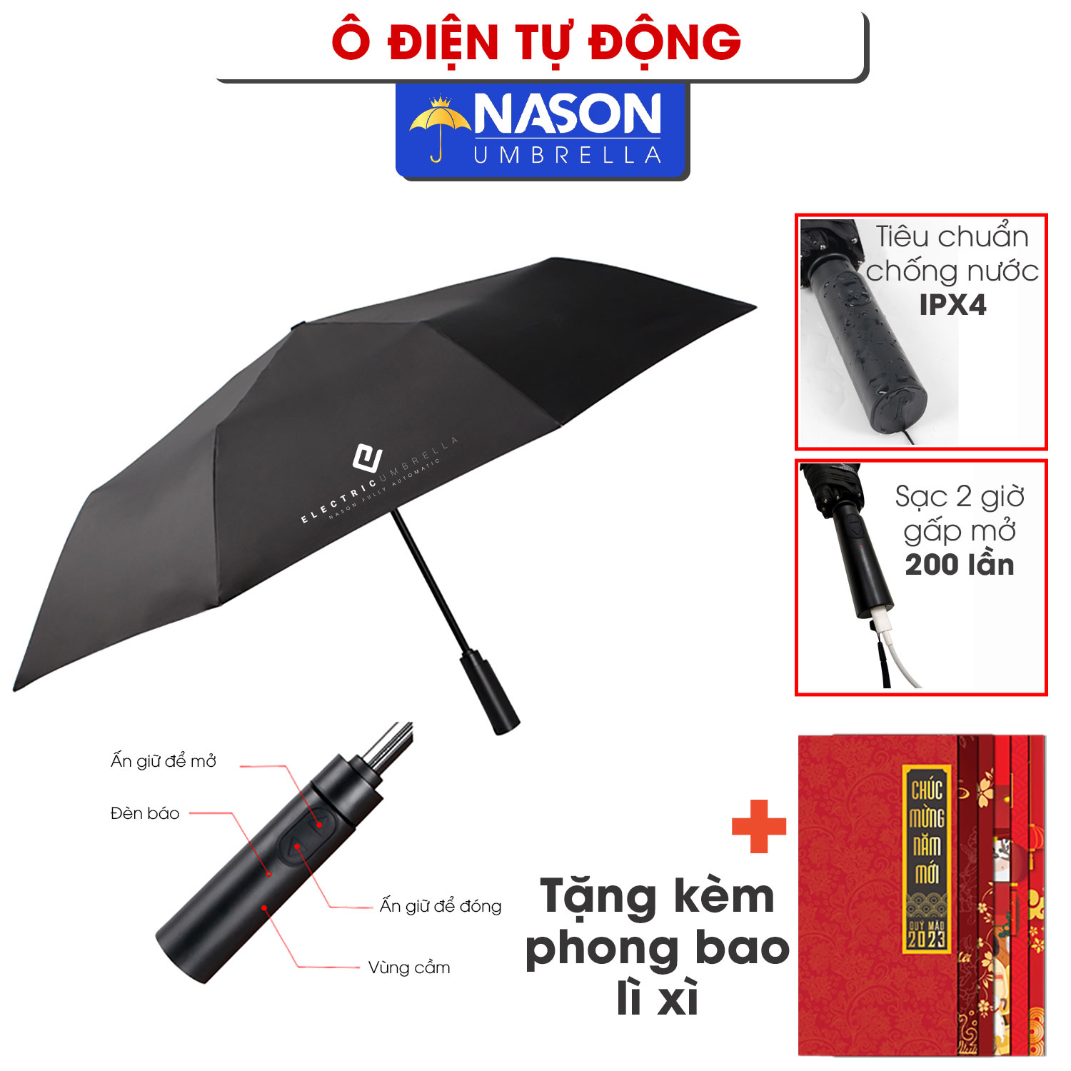 Ô dù điện thông minh Electric Auto Umbrella Nason đóng mở tự động, chống gió cấp 6, che nắng che mưa chống Uv