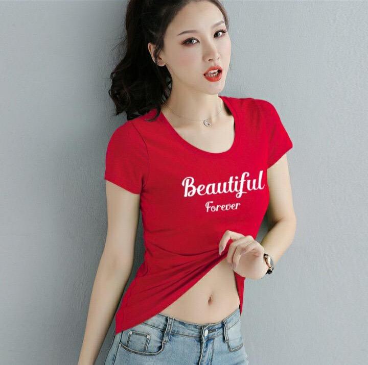 Áo thun nữ MXM cổ tròn form ôm body tôn dáng in chữ Beautiful mặc tôn dáng từ 40-52kg