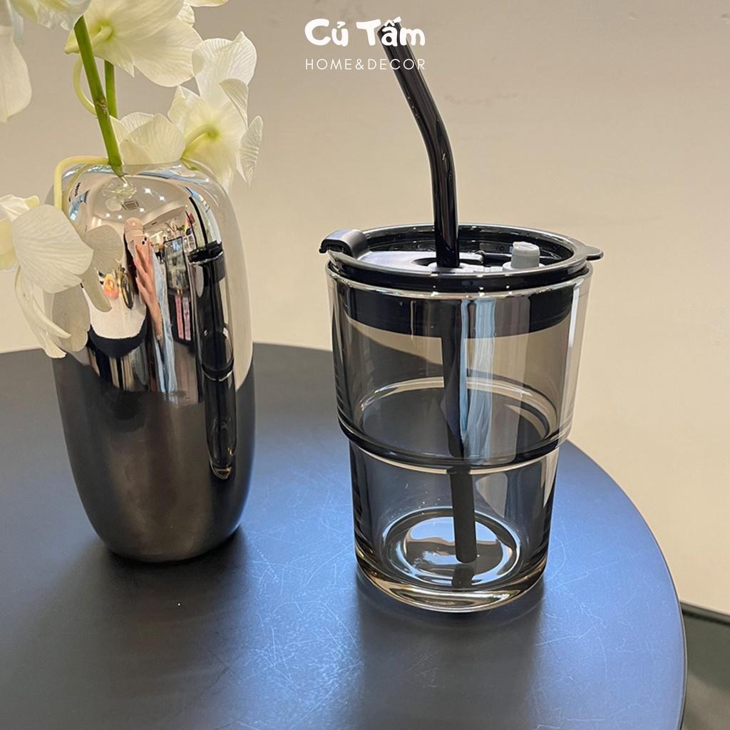 Ly thủy tinh, cốc thủy tinh đai da kèm ống hút và nắp đậy kín phong cách Bắc Âu size to