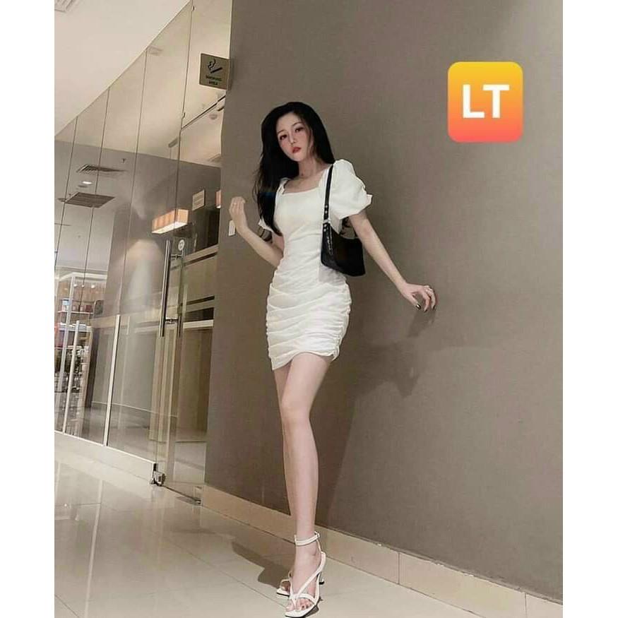 Đầm body tay phồng đan dây lưng cực sexy