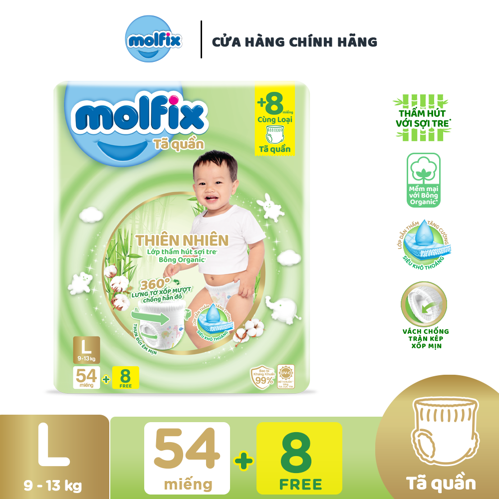 Tã/bỉm quần Molfix Thiên nhiên Super Jumbo L - Gói 54+8 miếng