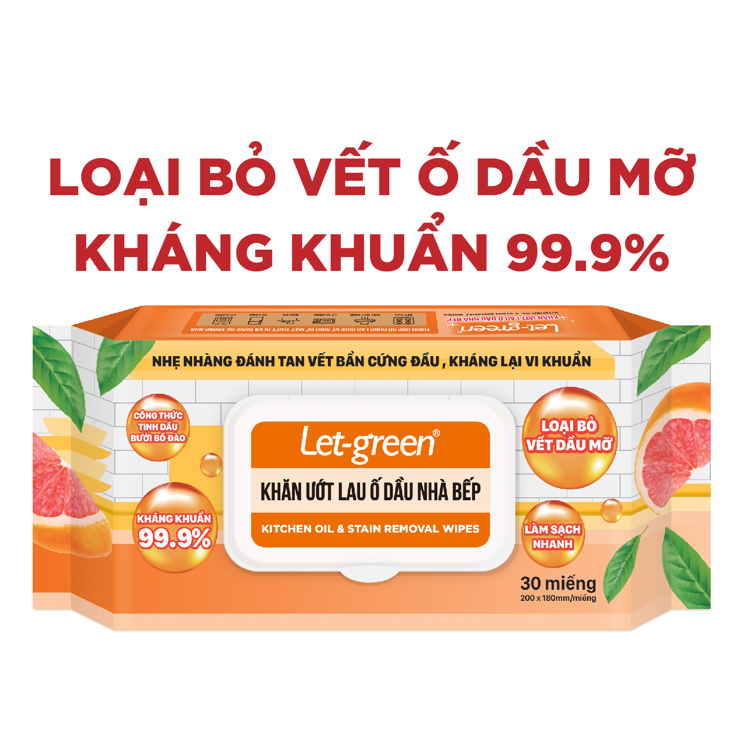 Khăn Ướt Lau Ố Dầu Nhà Bếp Let-Green 30 Tờ/Bao