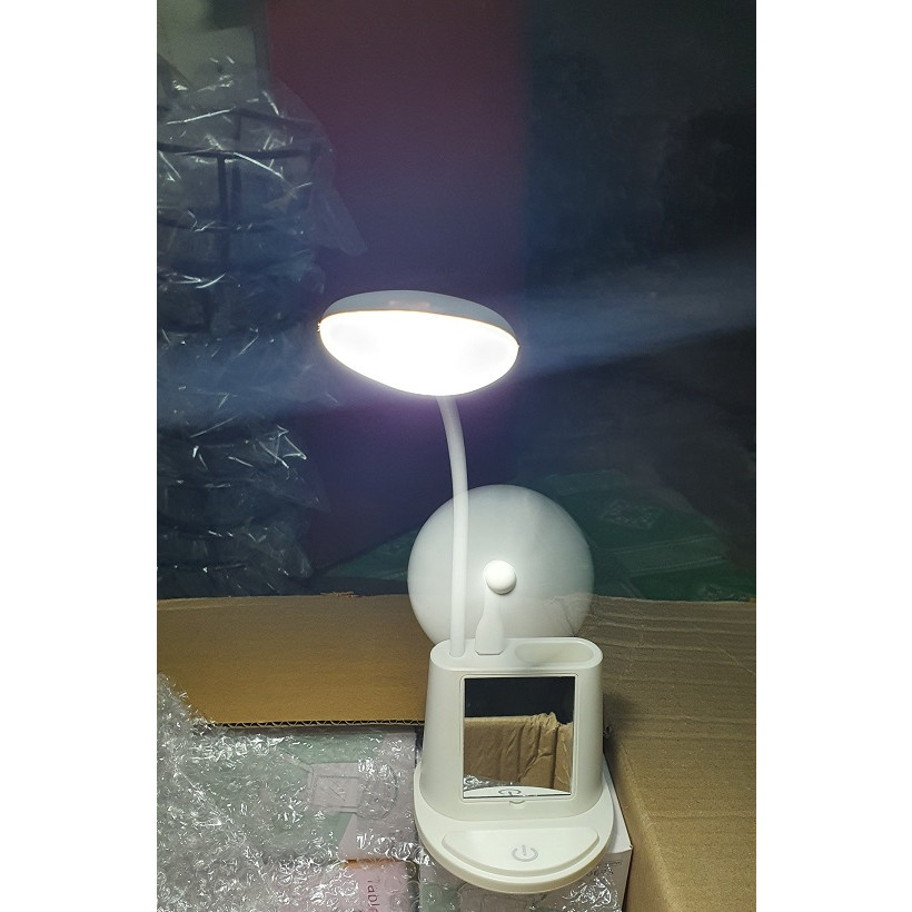 Đèn bàn - đèn học - đèn đọc sách - đèn để bàn có kèm giá đỡ điện thoại, có gương soi và quạt USB, được chọn màu