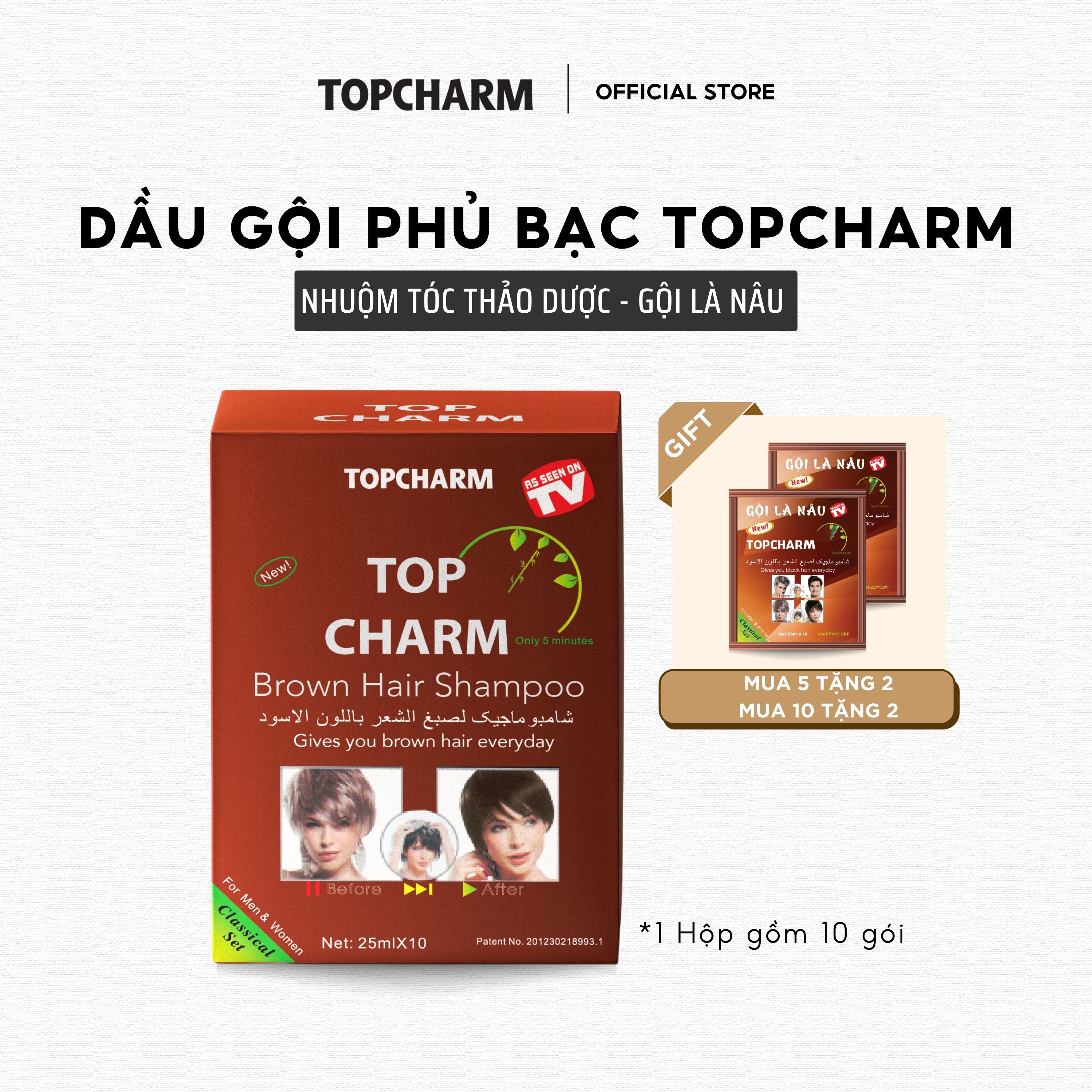 Dầu Gội Nhân Sâm Phủ Bạc Tóc Tại Nhà TOPCHARM - Phủ Nâu Tóc, Gội Là Nâu gói 25ml