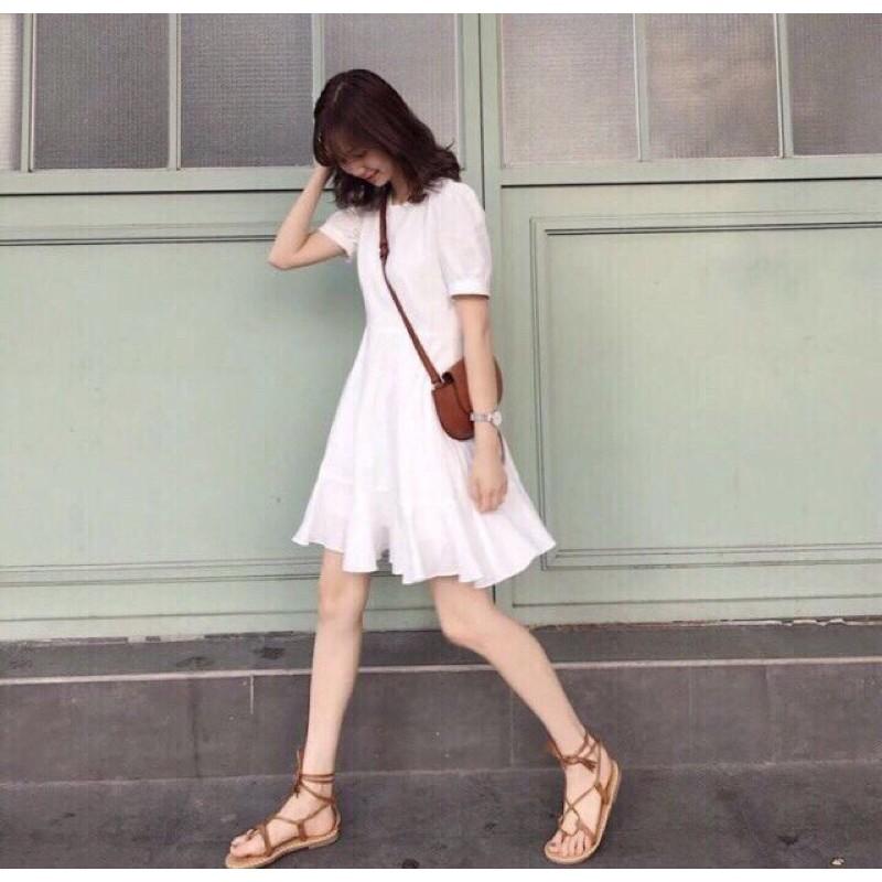Đầm trắng xoè tay phồng có ảnh thật shop chụp