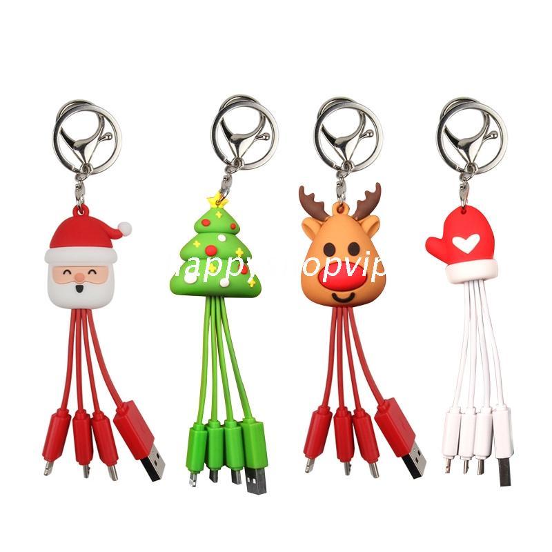 HSV 3 in 1 Creative Cartoon Charging Cable Multifunctional Fast Charging Cable with Type C/Micro USB Port Adapter Christmas Keychain