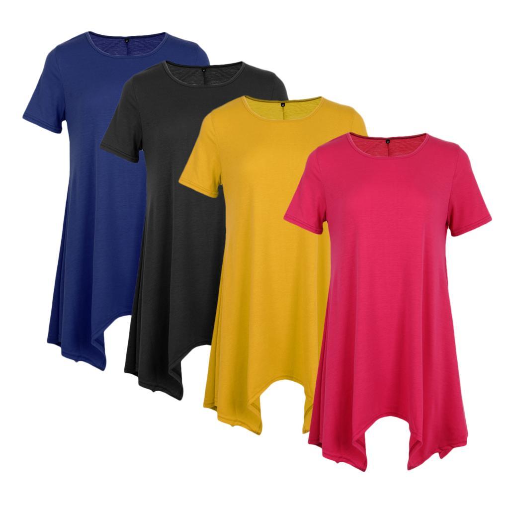 Fashion Womens Short Sleeve Plain Solid Casual Loose Baggy Long Swing Tops Basic T Shirt Mini Dress