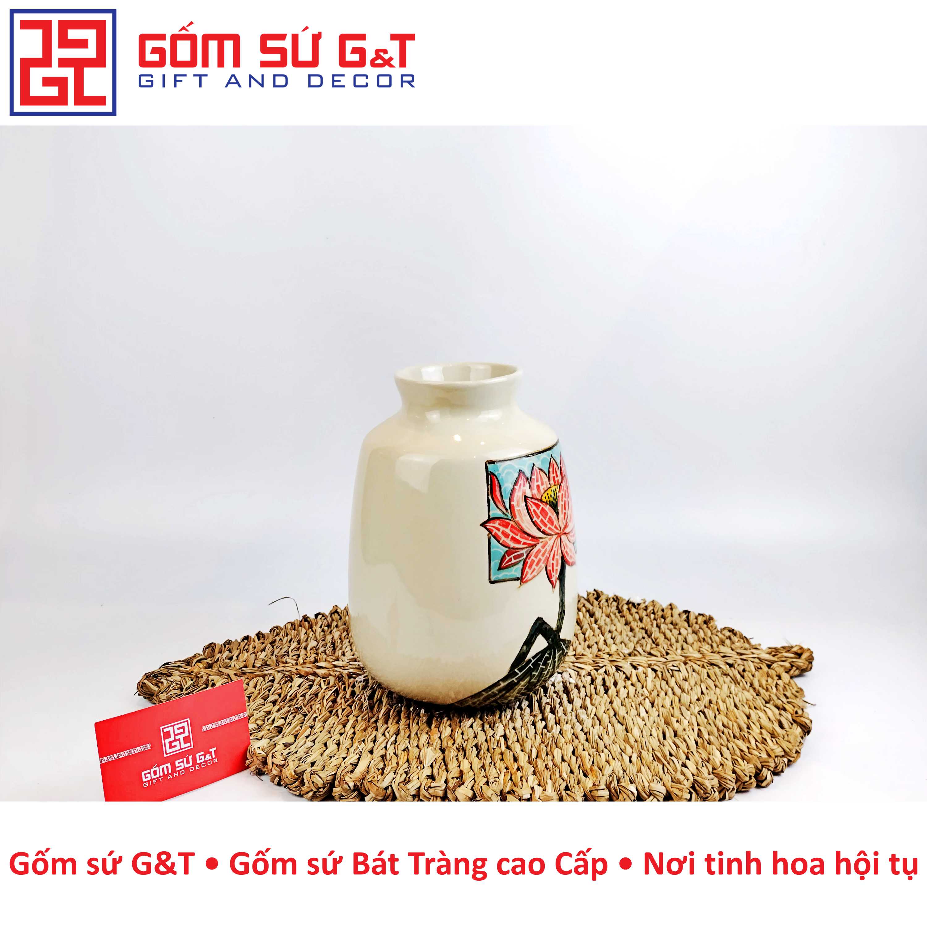 Lọ hoa vai vuông vẽ sen Gốm Sứ G&T