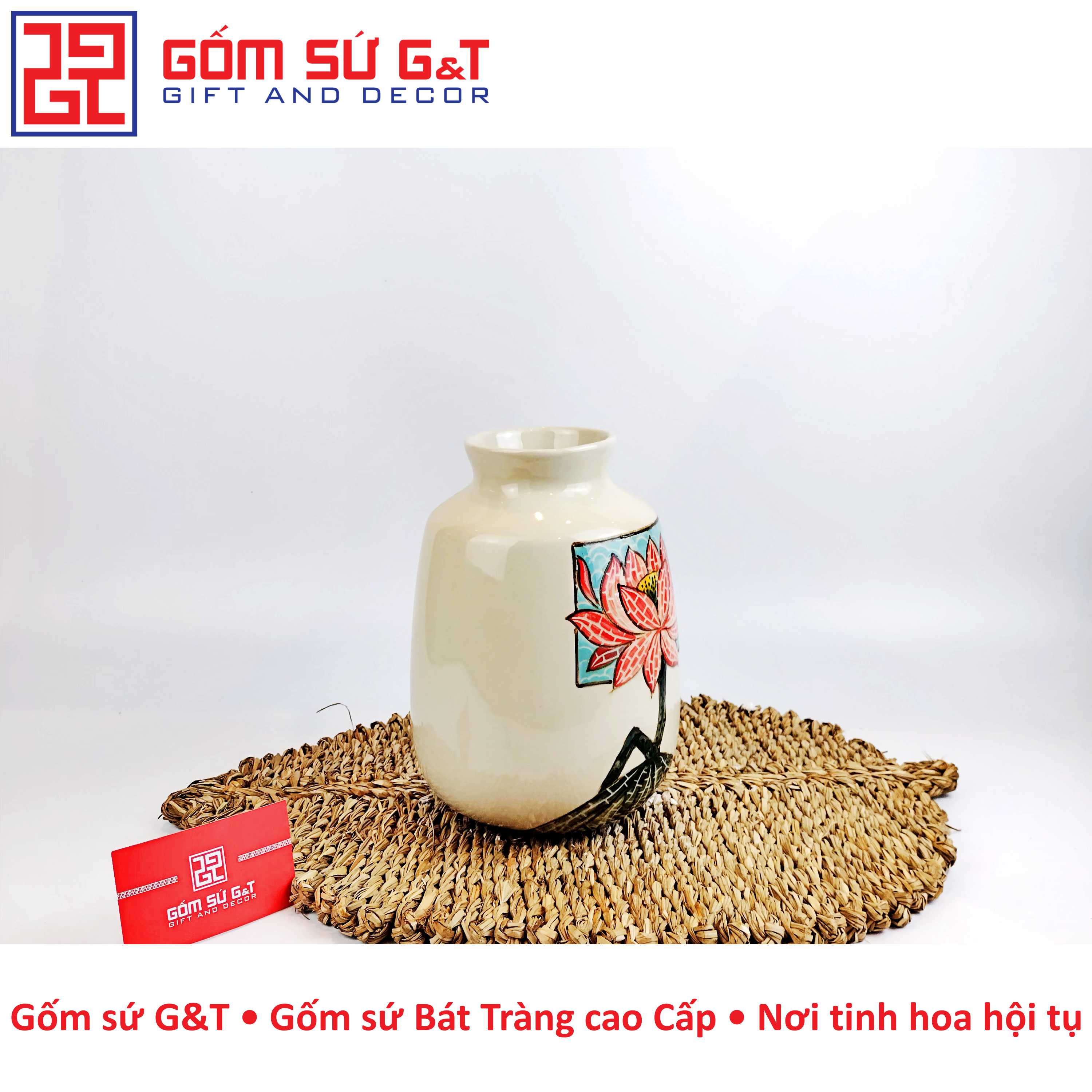 Lọ hoa vai vuông vẽ sen Gốm Sứ G&amp;T