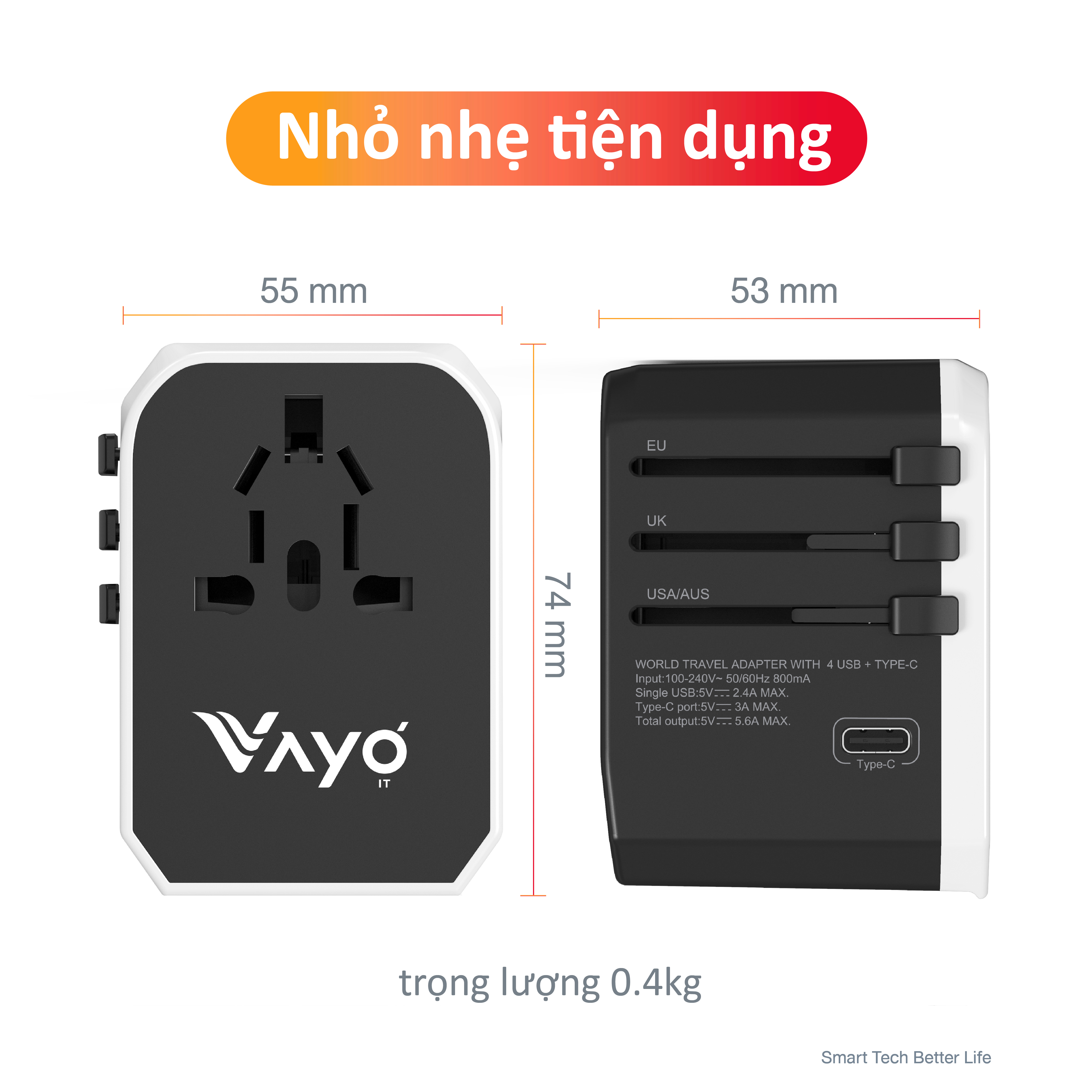 ổ cắm sạc du lịch đa năng 30W toàn cầu cho máy tính và điện thoại, dễ dàng sử dụng với ổ cắm điện đa quốc gia, bảo vệ thiết bị khỏi quá tải và quá nhiệt -Vayo Smart Univeral Adapter