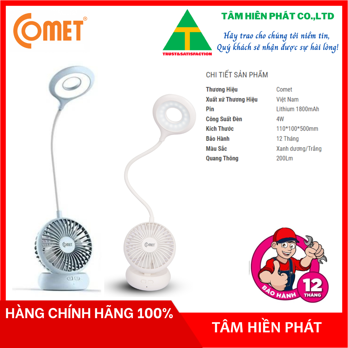 Đèn Bàn + Đèn Sạc 2 Trong 1 LED COMET CT176W - Màu