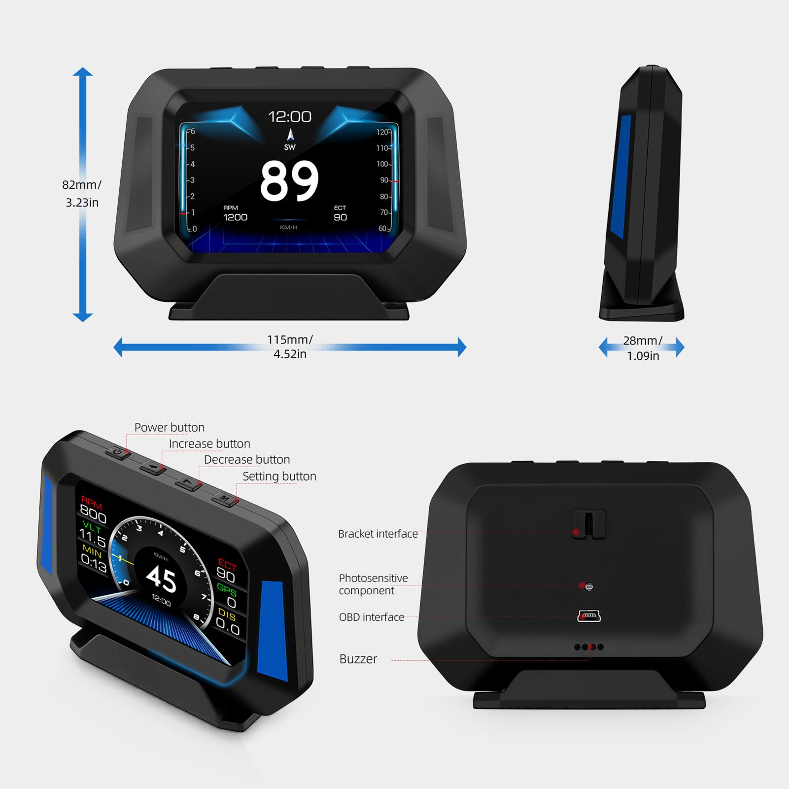Trip Computer P21 HUD Car Gauge, OBDⅡ Diagnostic and Slope Meter Speedometer Safe Driving Computer Overspeed Alarm