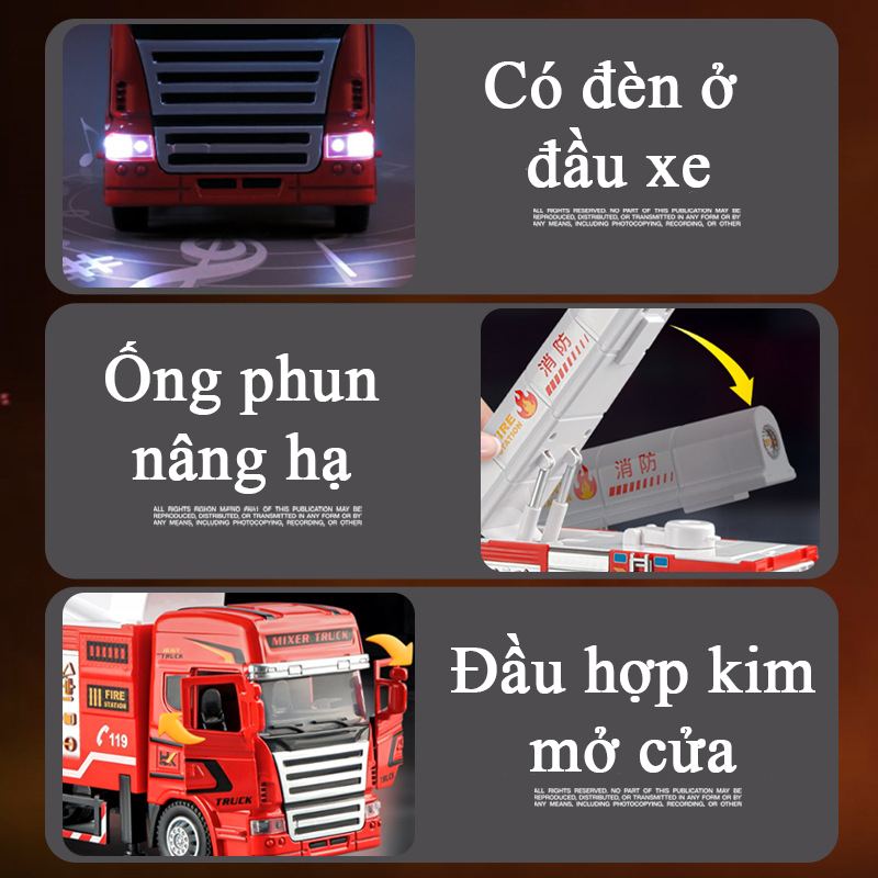 Đồ chơi xe cứu hoả bằng hợp kim tự phun nước điện nâng hạ ống phun kèm 1 chú lính cứu hoả