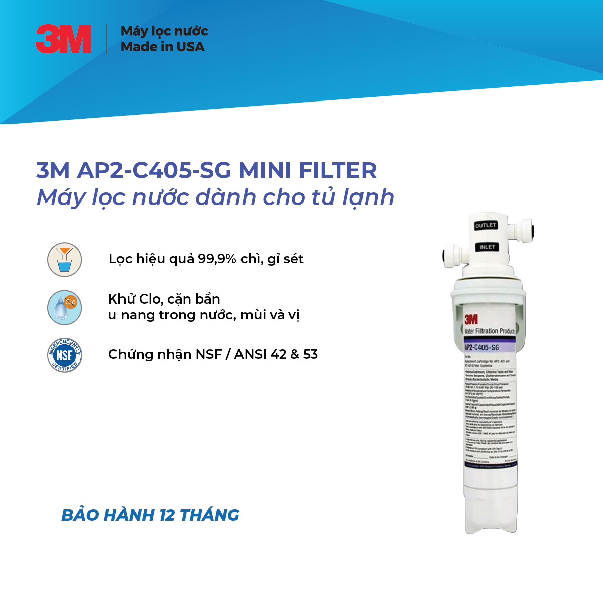 Bộ Lọc Nước 3M AP2-C405-SG MINI FILTER Dành Cho Tủ Lạnh Công suất 4.000Lít - Hàng Chính Hãng