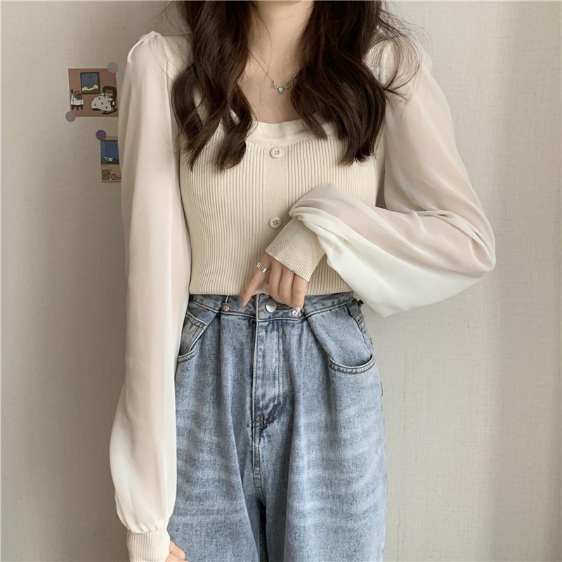MS351 Áo len nữ cổ vuông tay voan bồng