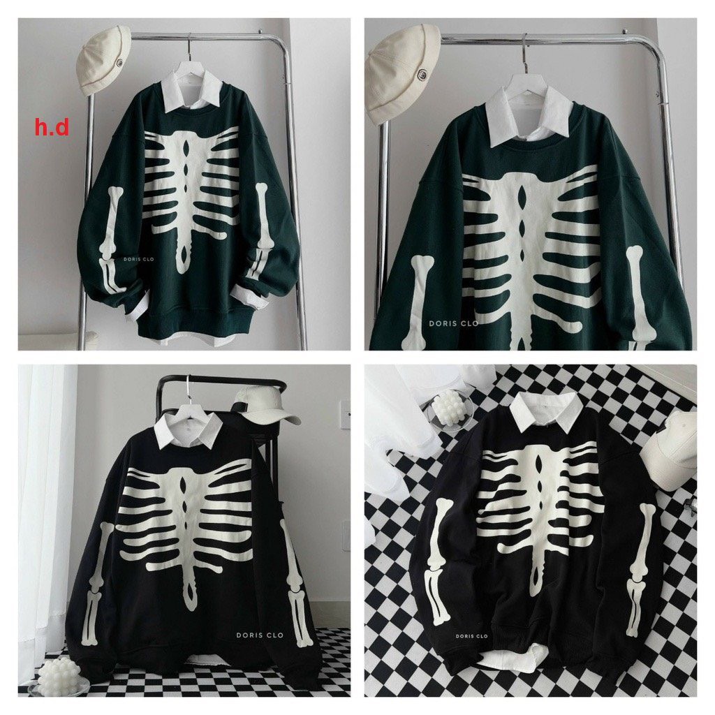 Áo sweater hoodie nỉ bông thu đông hình in BỘ XƯƠNG form rộng unsiex tay dài