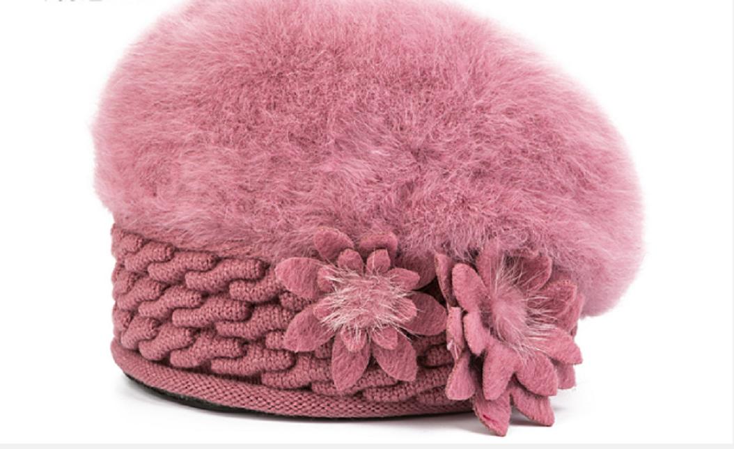 Mũ len lông thỏ gắn hoa đôi phong cách Hàn cho mẹ, nón nồi len cho người cao tuổi