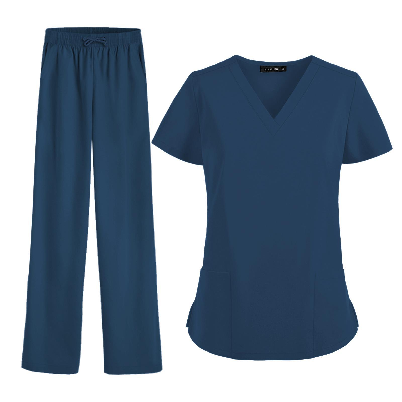 Nurse Work Uniforms Workwear Women's Scrub Set, Unisex with Pockets Breathable Hospital Uniform V Neck Scrub Top and Trousers