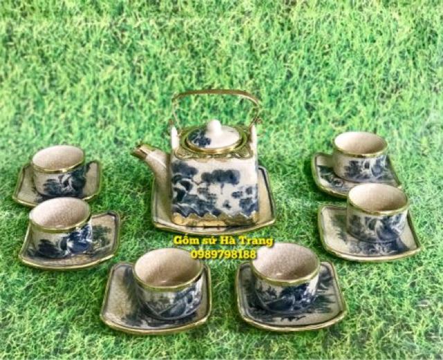 Bộ ấm chén men rạn bọc đồng gốm sứ Bát Tràng cao cấp