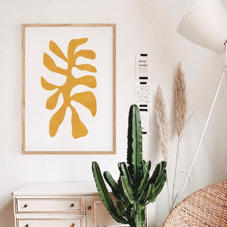 Tranh Canvas Cao Cấp Tranh hoa trừu tượng màu vàng mù tạt, nghệ thuật treo tường lấy cảm hứng từ Matisse