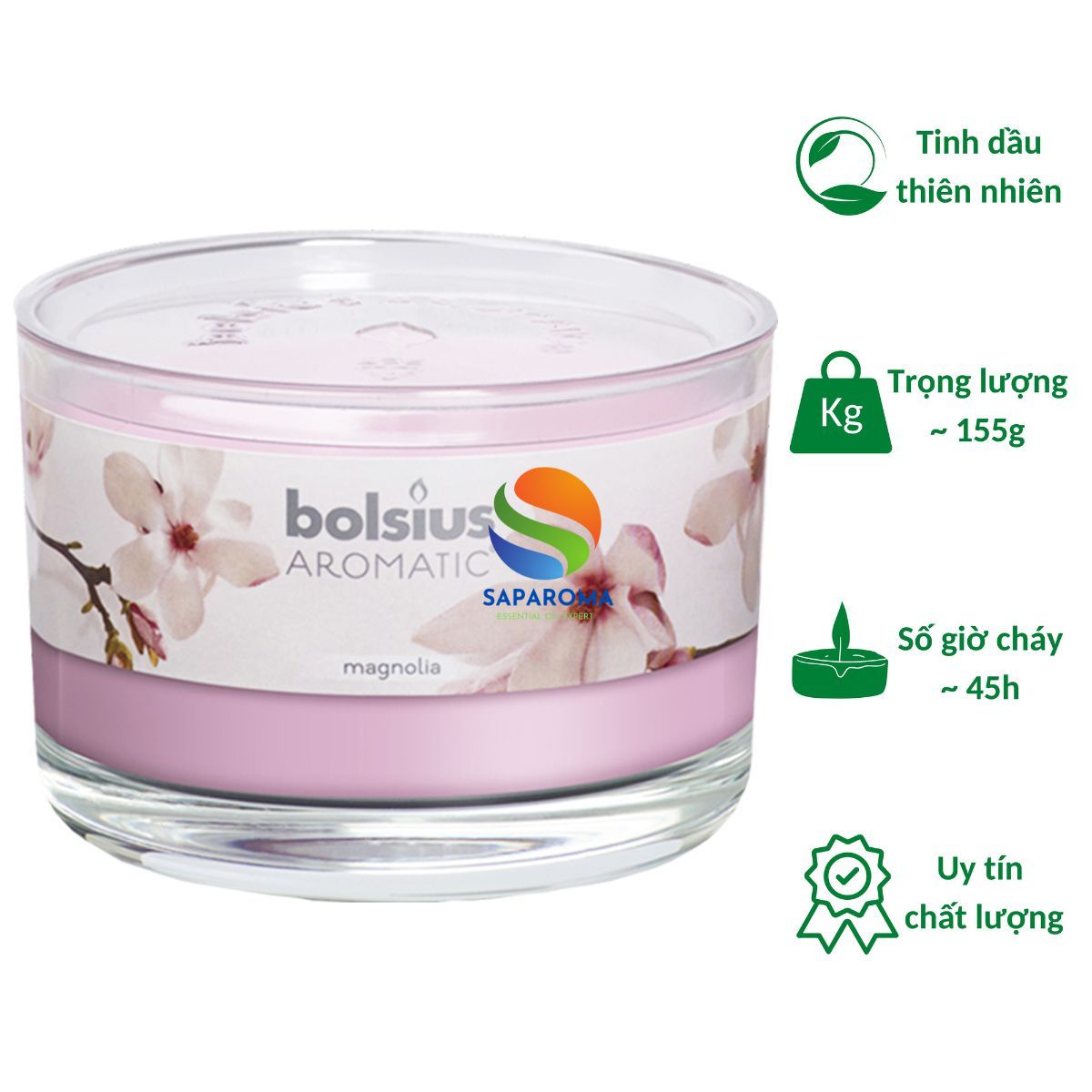 Ly nến thơm tinh dầu Bolsius Magnolia 155g QT024870 - hoa mộc lan, nến trang trí, thơm phòng, thư giãn, Hỗ trợ khử mùi