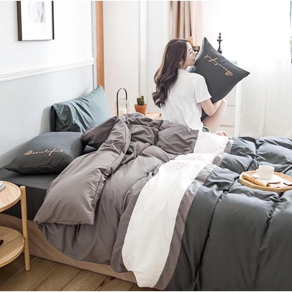 Combo 4 Món Chăn/Mền Ga Gối Cotton Cao Cấp Phối Màu NÂU-GHI