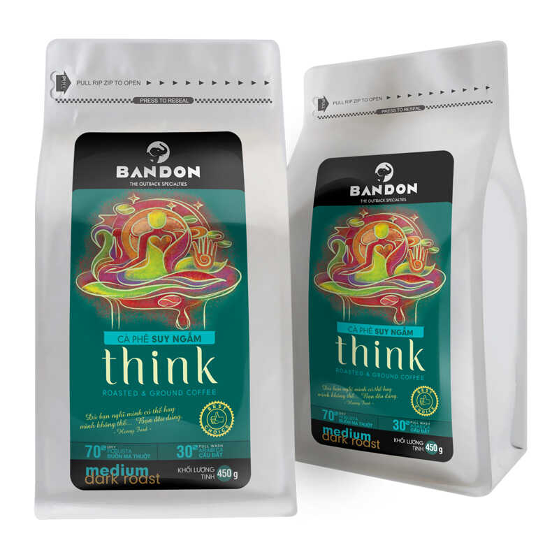 Cà phê phin nguyên chất rang xay mộc sạch BANDON THINK 450g đắng dịu, thơm ngát - Cà phê đặc sản (30% Arbica Cầu Đất Full wash, 70% Robusta Buôn Ma Thuột Dry)