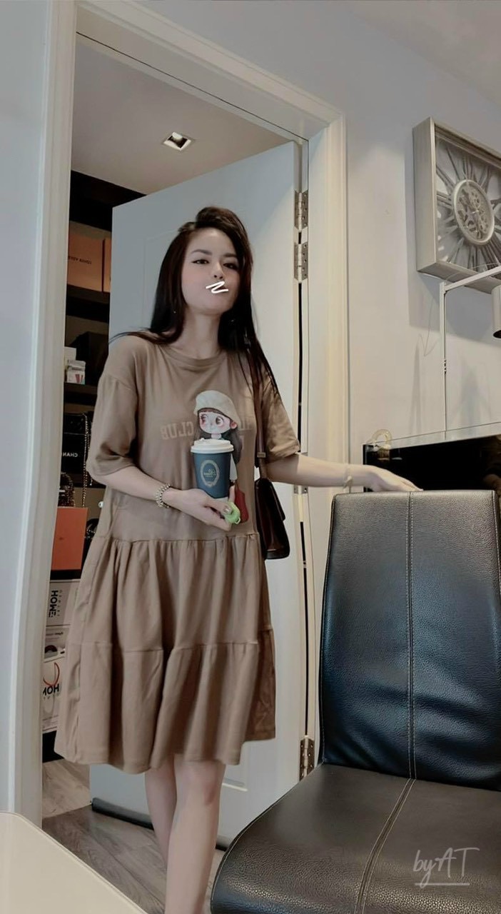 Đầm suông cotton cô gái đuôi cá màu nâu DN690