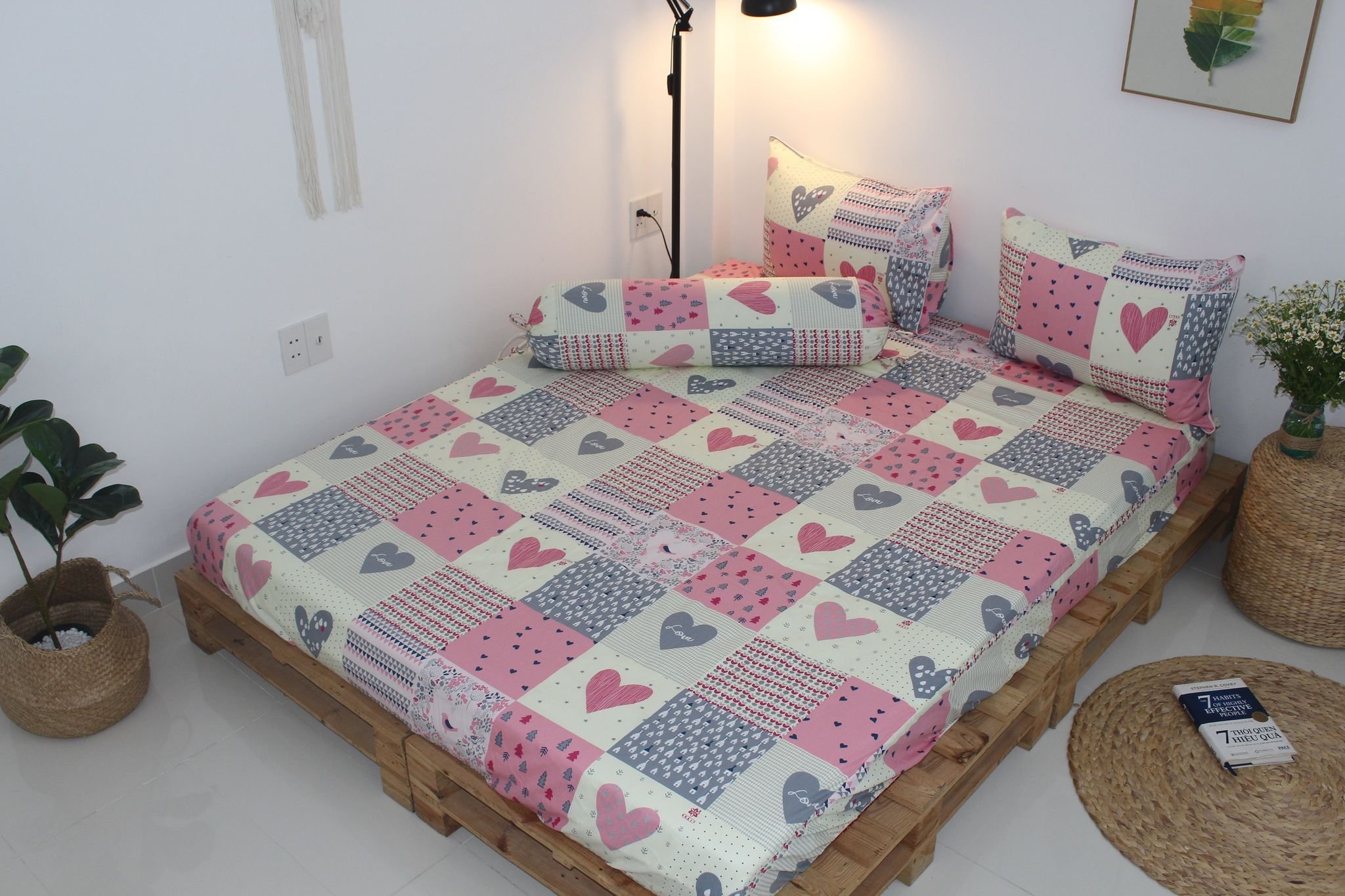 Bộ drap gối KHA LY - 100% cotton thiên nhiên - Ô vuông tim hồng - VN242